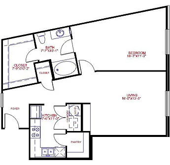 Floor plan Traditional 1x1 856-1100 SF