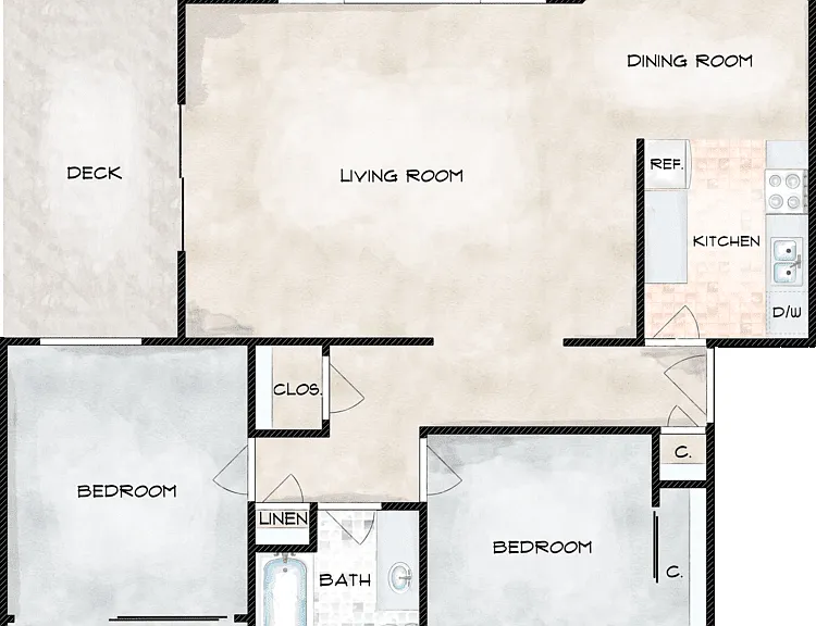 2 Bed 1 Bath I Floorplan Diagram