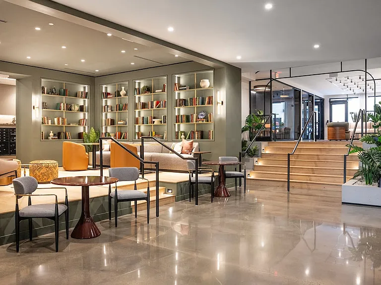 Library and upper-level work lounge