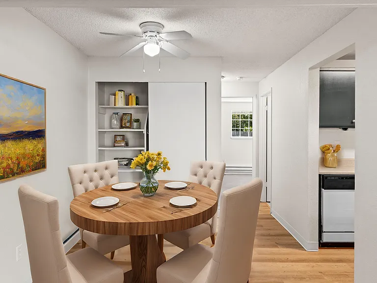 Inviting dining space with built-in storage. Inviting dining space with built-in storage.