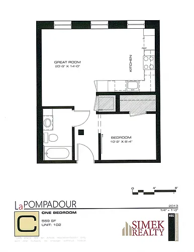 Floor plan 1 Bedroom 1 Bath (1st Fl Middle DS)