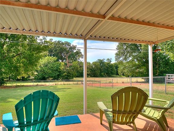 Covered patio overlooking back yard and park area