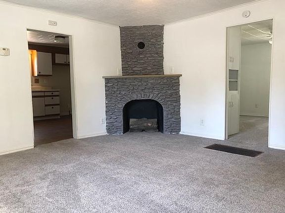 Living room with decorative fireplace.