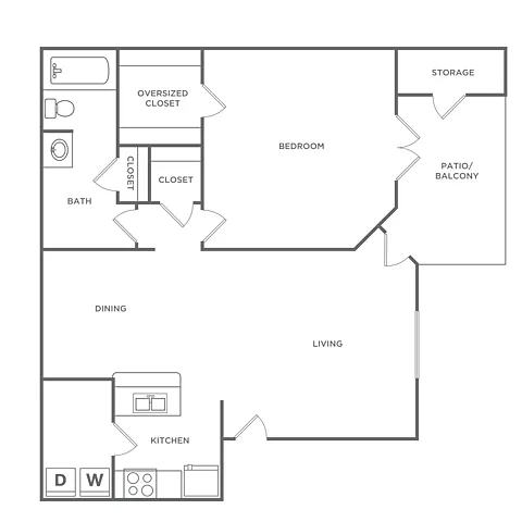 Floor plan One Bedroom One Bath (875 SF)