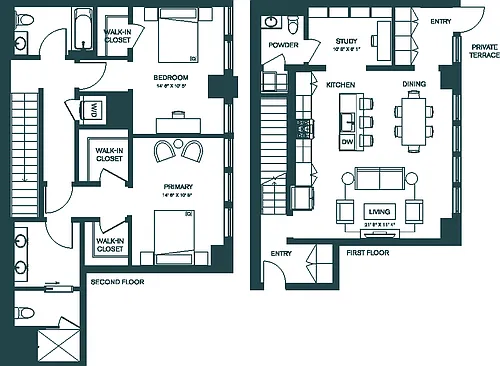 Floor plan 2 Bed/2.5 Bath Den-M1S
