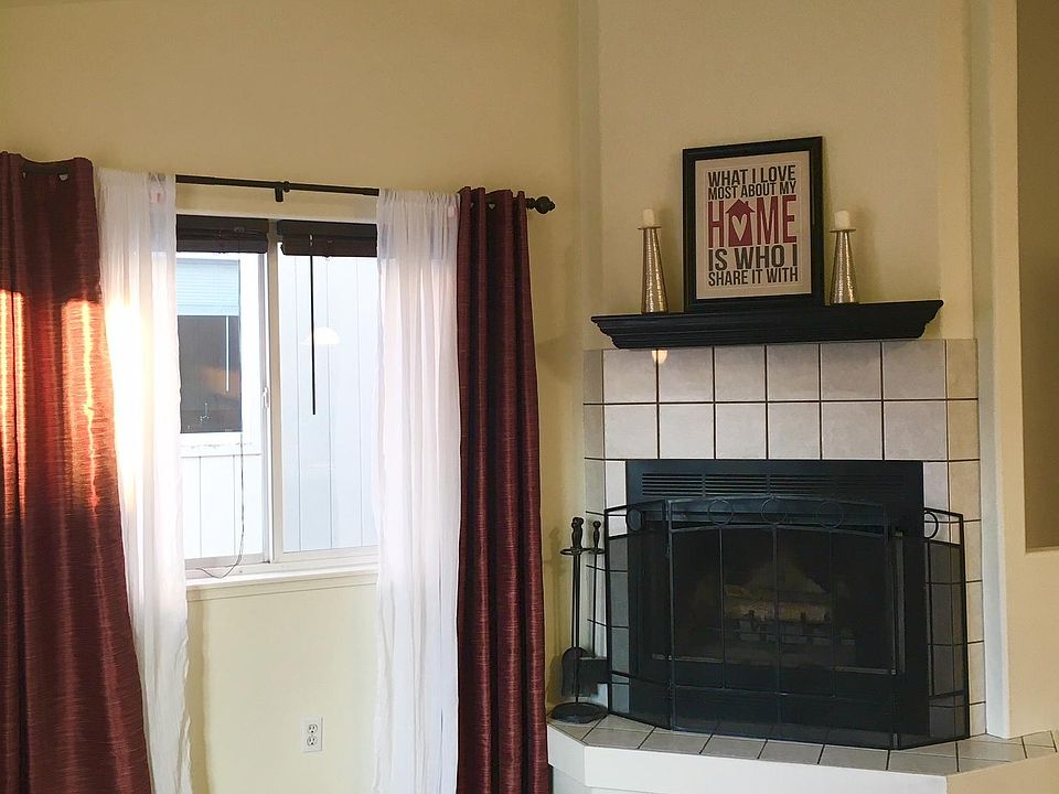 Living area and fireplace.