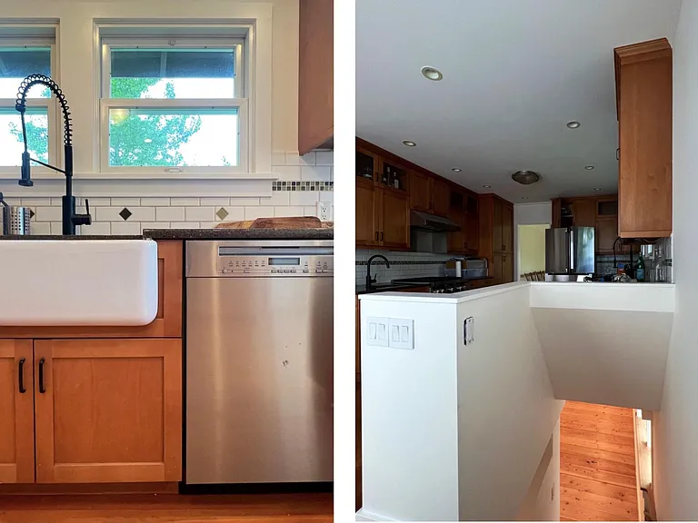 farmhouse main kitchen sink next to Miele dishwasher and open staircase to lower level
