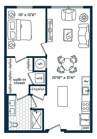 Floor plan One Bedroom One Bath (715 SF)