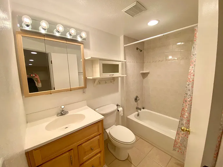 Downstairs full bath with a Pottery Barn shelf/cabinet.