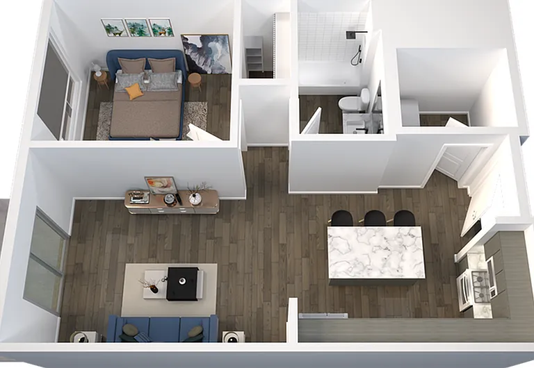 Explore this contemporary one-bedroom apartment designed for modern living. Explore this contemporary one-bedroom apartment designed for modern living.