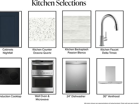 Kitchen Selections board displaying Nightfall cabinets, Oceana quartz countertop, Passion Blanco bac