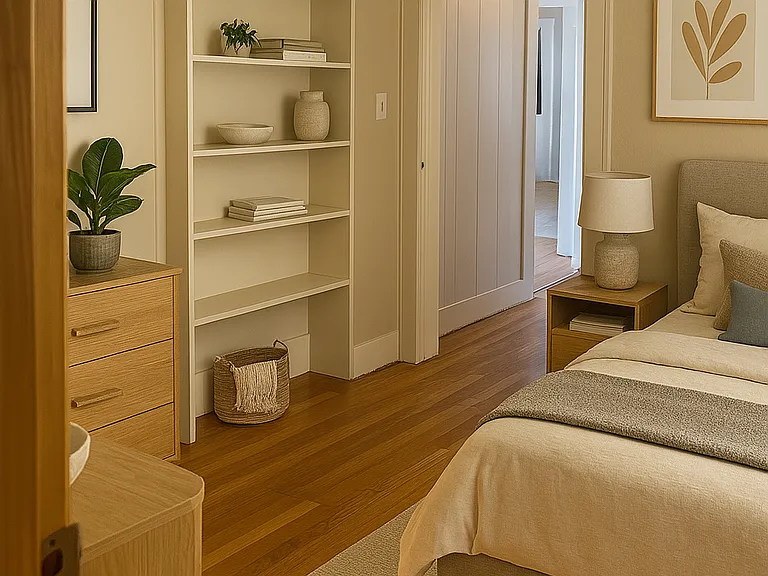 Middle bedroom with plenty of room for bed and desk. Also built in shelves to add storage. Furniture is staged
