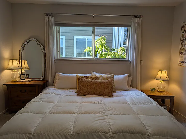 Primary bedroom fits king size bed.