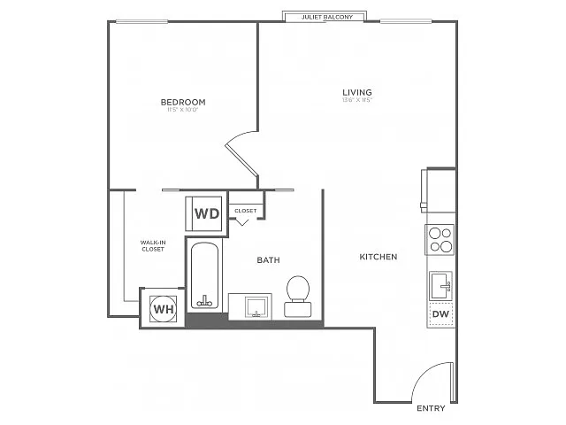 Floor plan One Bedroom One Bath (595 SF)