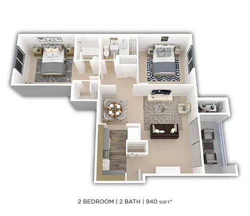 Floor plan Two Bedroom 2 Bath - 940 sqft