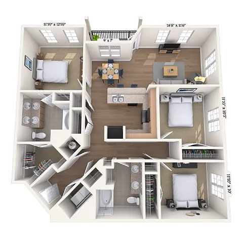 Floor plan Traditional 3x2 1374-1398 SF