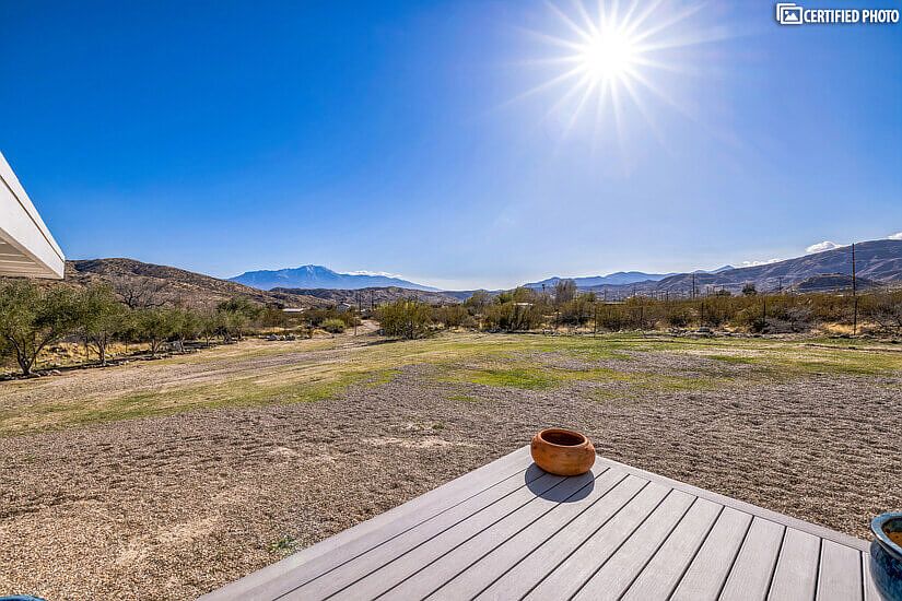 Trek deck with view of Mt. San Jacinto and olive trees