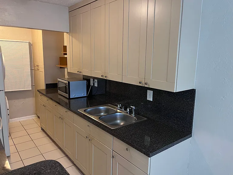 Kitchen cabinets, pantry, microwave & sink