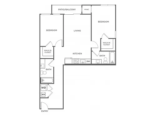 Floor plan Two Bedroom Two Bath (973 SF)