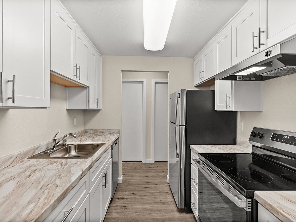 Contemporary kitchen featuring stainless steel appliances and wood cabinetry.