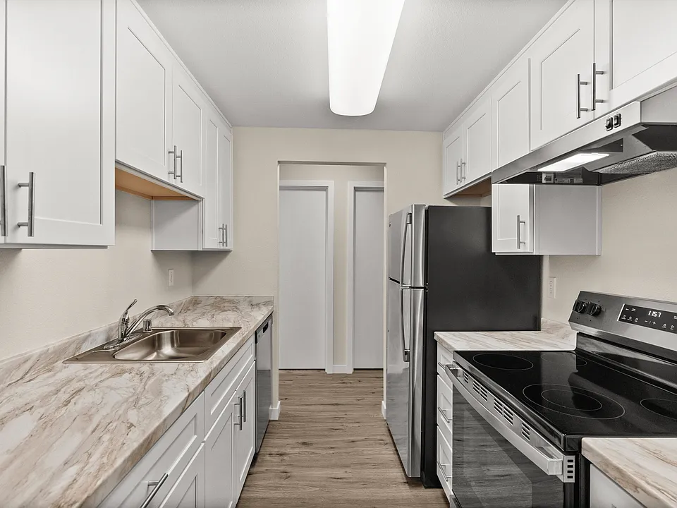 Contemporary kitchen featuring stainless steel appliances and wood cabinetry.