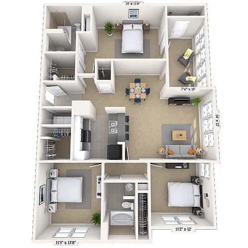 Floor plan Traditional 3x2 1332-1446 SF
