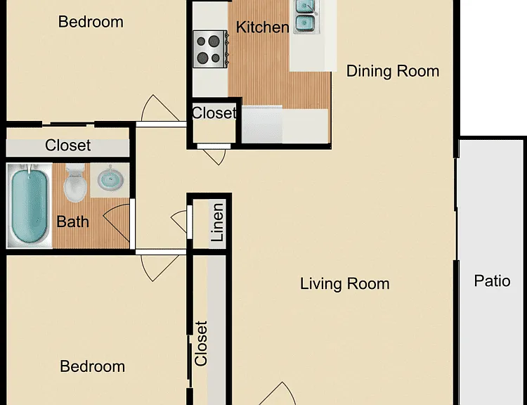2 Bed 1 Bath Floorplan Diagram