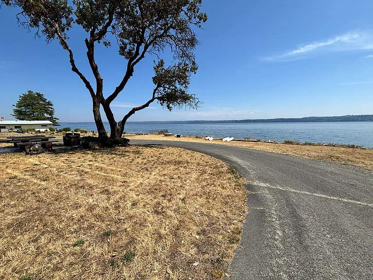 Park in front of house, low bank sandy beach.