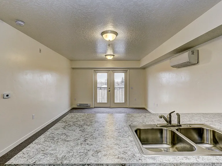 View into living room from kitchen counter