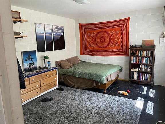 Bedroom #1. Largest bedroom. It was originally built for a band to practice in. We converted it to a bedroom by building a clothing rack and shelves.
