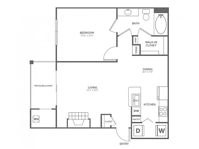 Floor plan One Bedroom One Bath (782 SF)