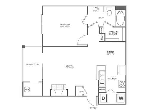 Floor plan One Bedroom One Bath (782 SF)