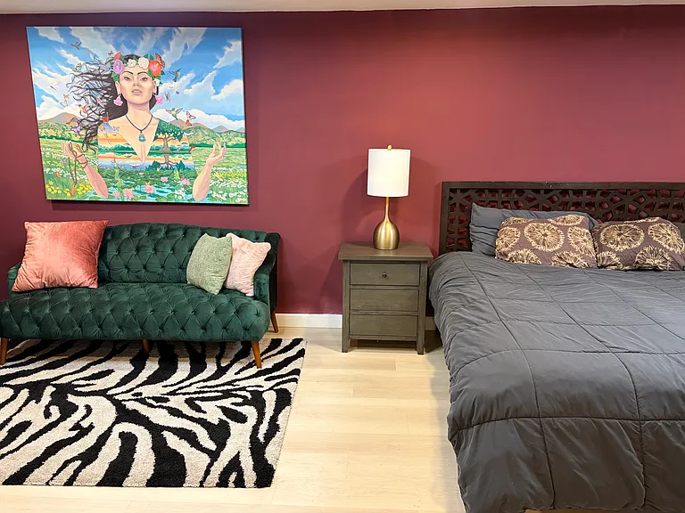 Master bedroom with covered patio and spa bathroom