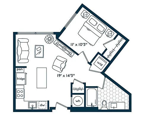 Floor plan One Bedroom One Bath (614 SF)