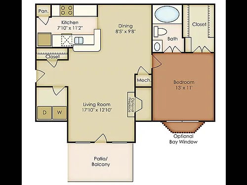 Floor plan 1 Bed, 1 Bath B