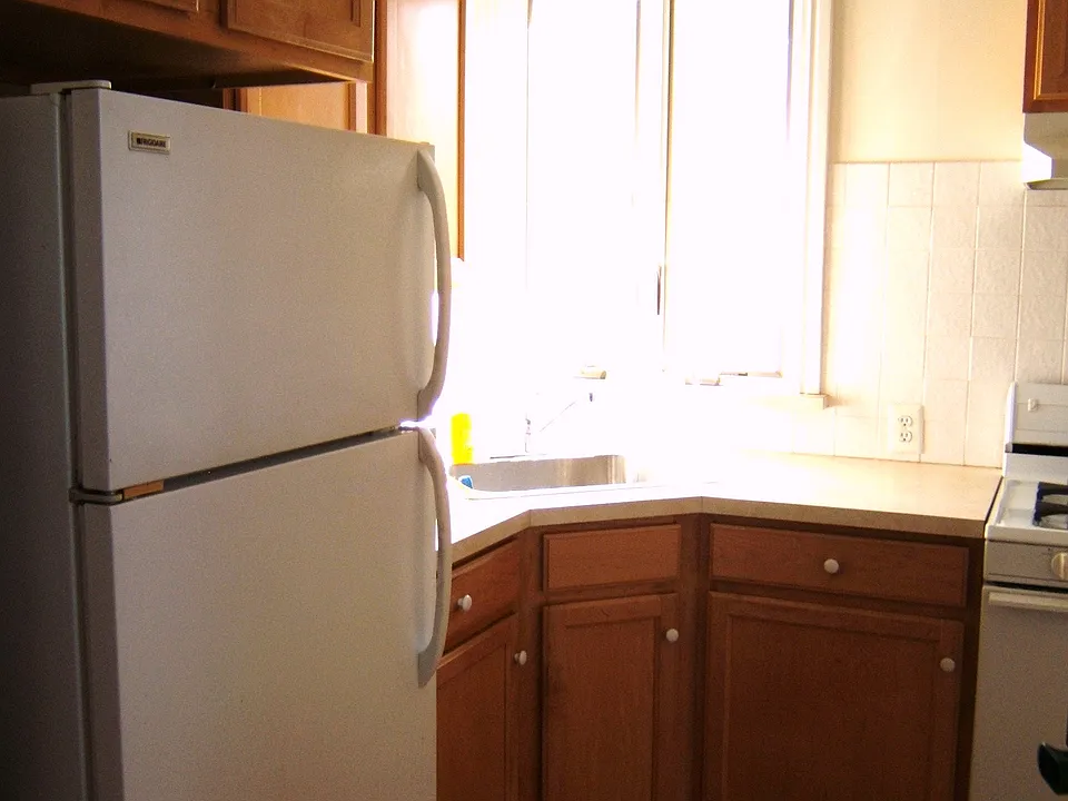 Refrig and corner kitchen sink and sunny window