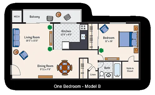 Floor plan 1 Bedroom 1 Bath Type B