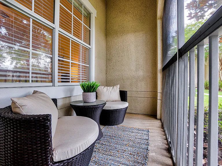 Homes feature private patios or balconies