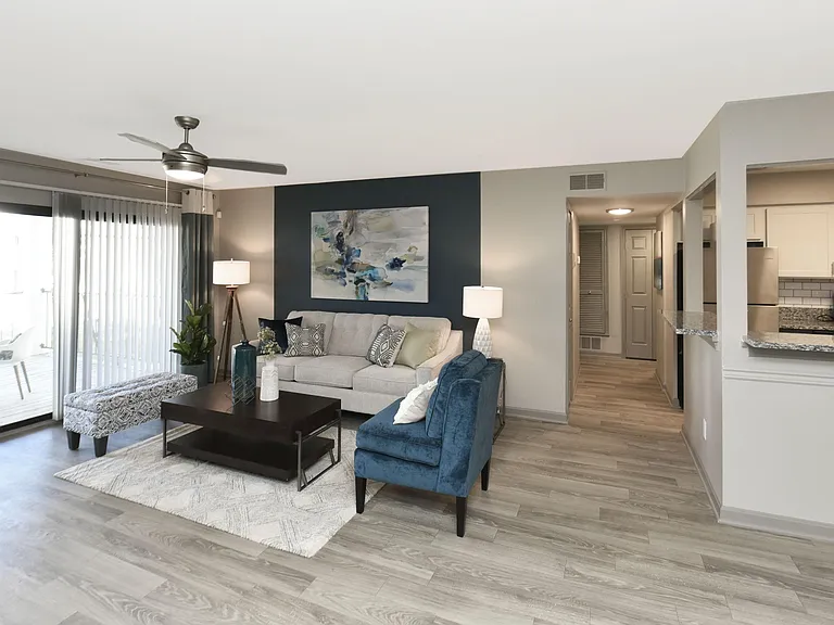 Spacious living room with hardwood-style flooring
