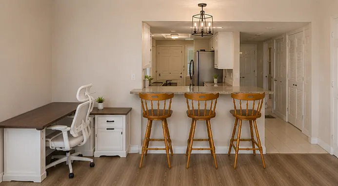 Enjoy drinks at the bar or take care of business at the new sit/stand desk