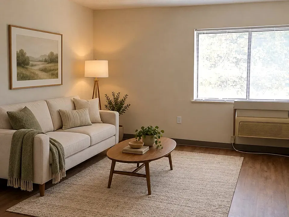 Staged one-bedroom preview from the property website. Furnishings are illustrative; layouts, features and finishes vary by apartment.