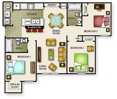 Floor plan Three Bedroom Two Bath