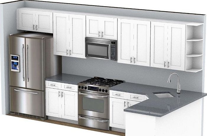 white cabinets with stainless steel appliances 
fridge, gas stove, dish washer and over the range microwave