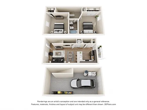 Floor plan 2 Bedroom, 1.5BA Townhome with Garage