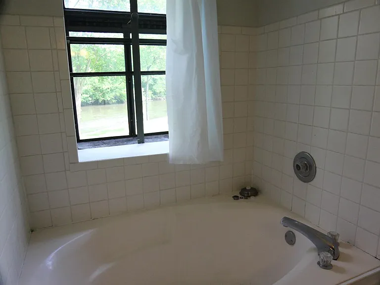 Soaking tub/Shower with view of DuPage River.