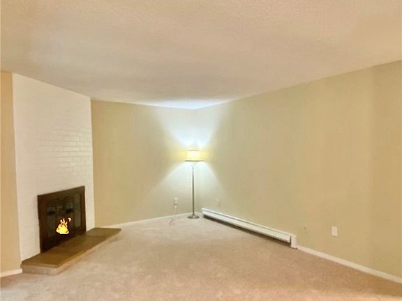 Large living room with wood burning fireplace