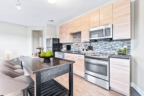 Modern Kitchen with Stainless Steel appliances and marble breakfast bar - The Swift at Petworth Metro