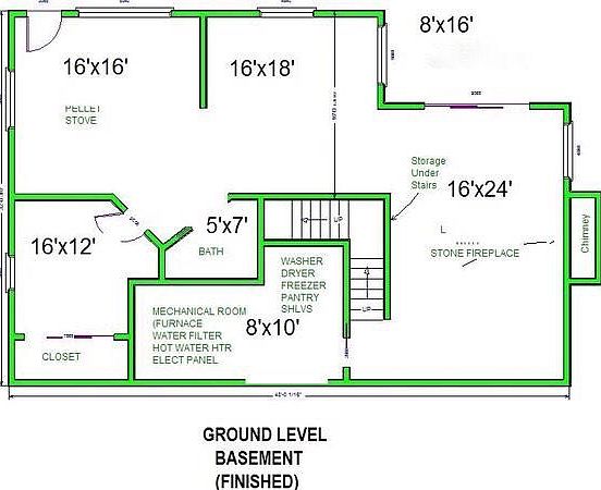 Floor plan. Mechanical Room has shared washer and dryer. New barn door (not shown on floor plan separates rental unit from owner level. Barn door located at end of stairs. Additional door to MR from bedroom.