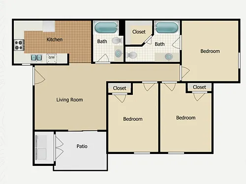 Floor plan 3 Bed, 2 Bath (60% Income Restricted)