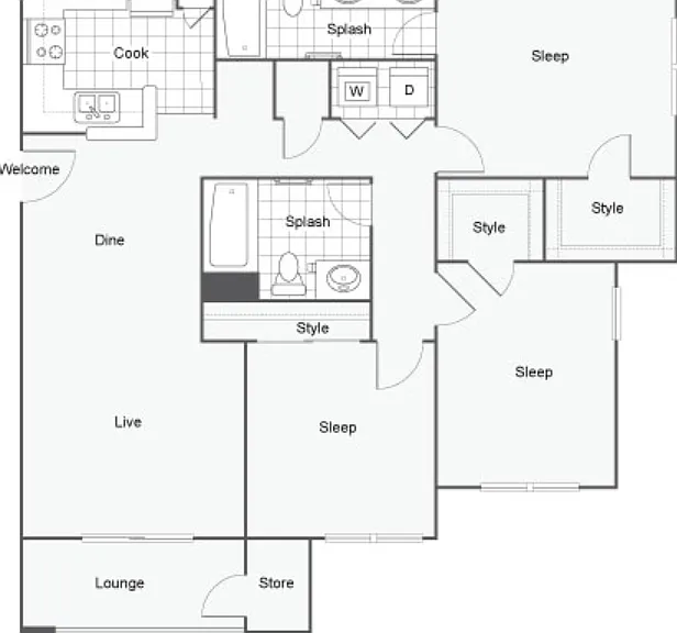 3 Bed 2 Bath A Floorplan Diagram